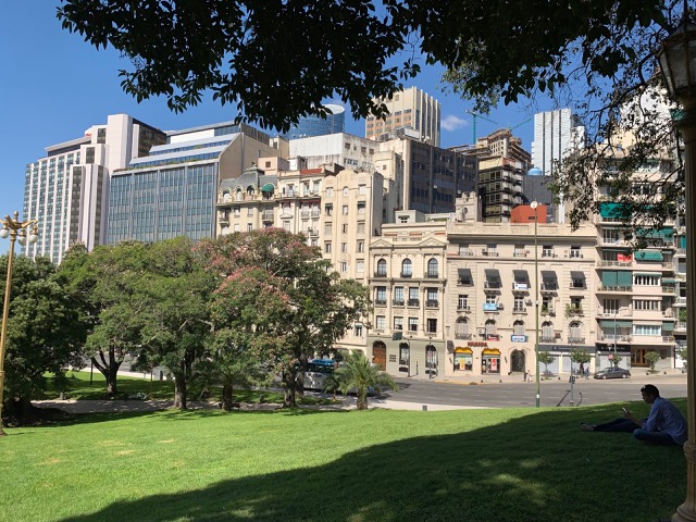 View from the park, Pan American Energy building on the left (blue glass) with the Sheraton behind it