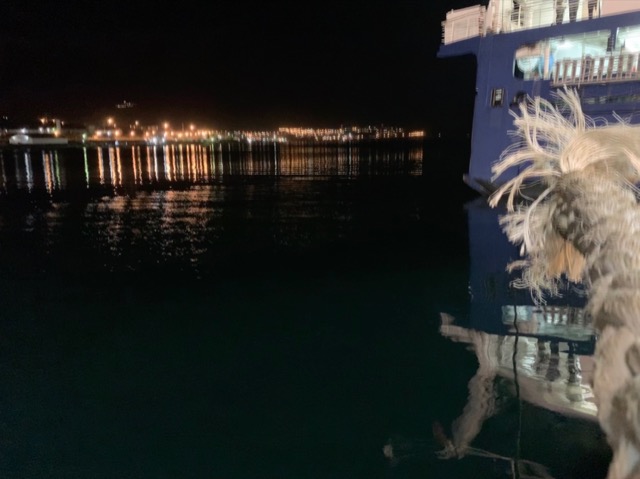 The stern of the Ocean Diamond, tied up at port