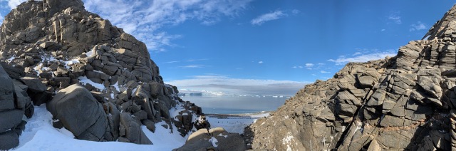 Looking down into a penguin colony that we had just seen in the Zodiac