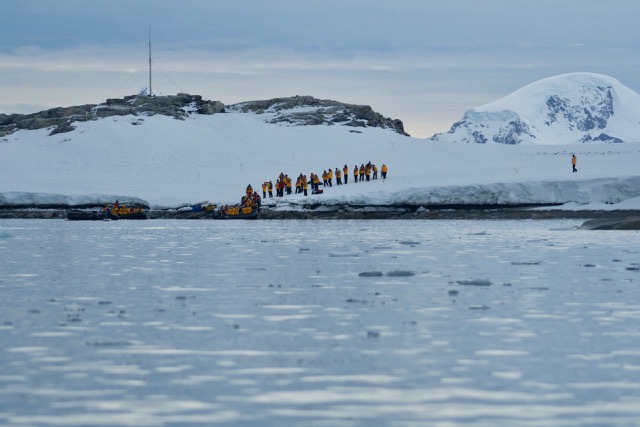 Folks heading back on Zodiacs after the landing as we approach