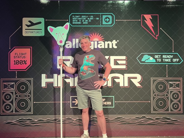 Me, entering the Rave Hangar with Chelsea and my dino dj tshirt