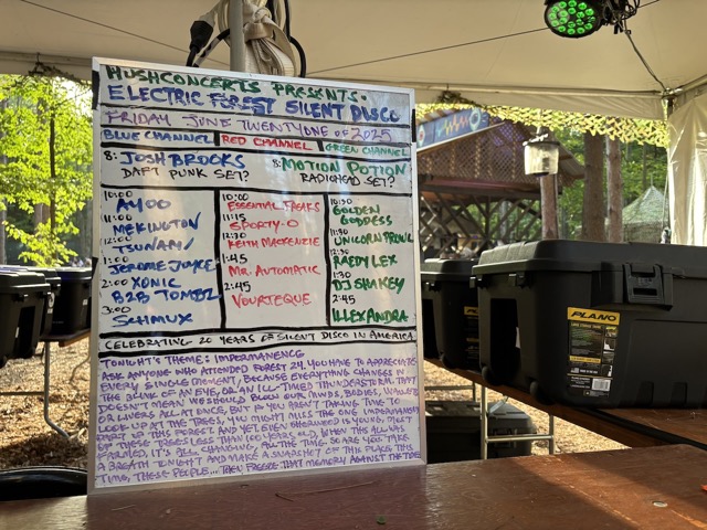 The Silent Disco schedule with a friendly reminder to slow down and look around