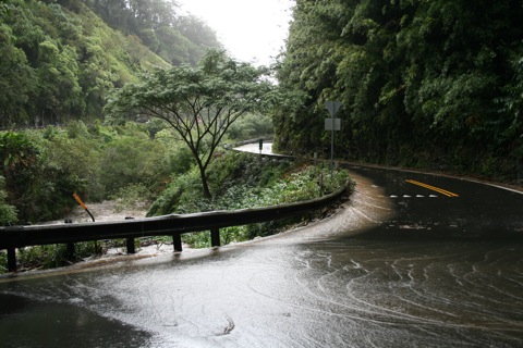 Water flowing over the road