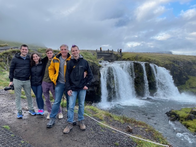 Jeremy, Jillian, Harris, Myke, and James at Kirkjufellsfoss
