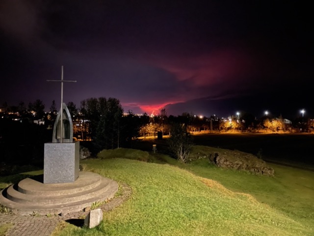 View of the Fagradalsfjall volcano erupting from the Hafnarfjörður campground where we stayed before our flight