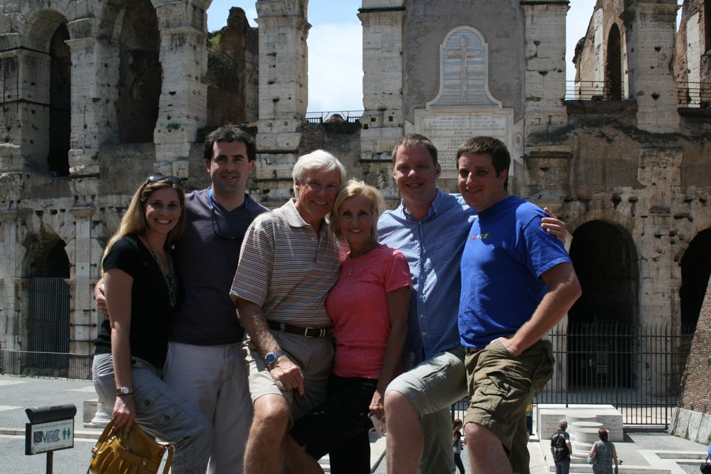 Kelly, Lee, Dad, Mom, Rob, and Myke outside the Colosseum