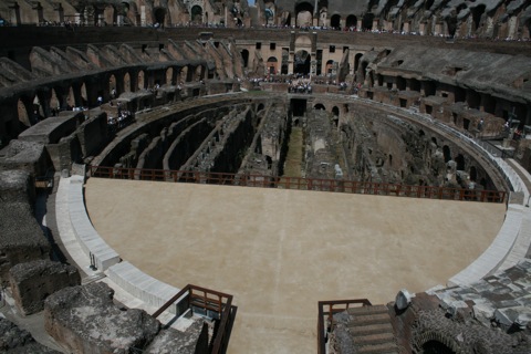 Inside of the colosseum. The biege area is a reconstruction of what the arena floor would have looked like.
