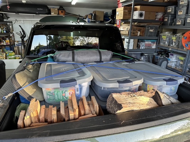 Got the Rivian all packed up with camping gear!  We got all new boxes for all of our stuff so loading the truck is a breeze