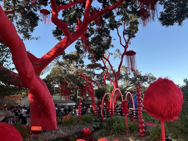 The gardens decorated with red at Worlds Away Festival in Monterey