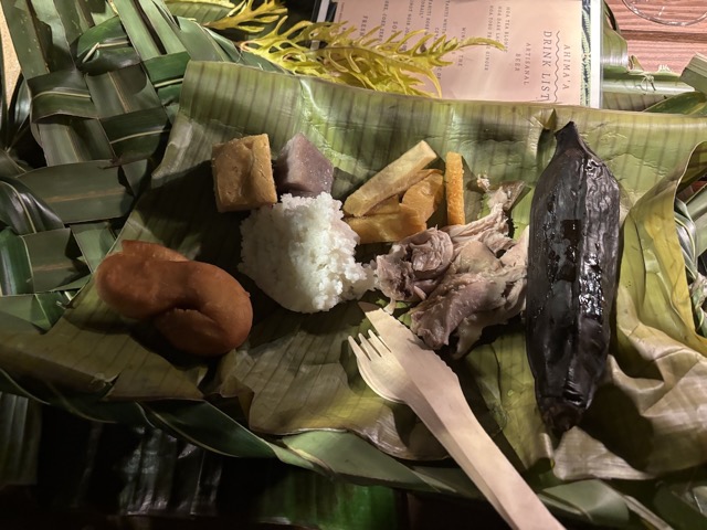 My dinner (clockwise from the top left: Coconut Bread, Taro, Breadfruit fries, Pork, Fe'i Banana, Rice, Coconut Milk donut)