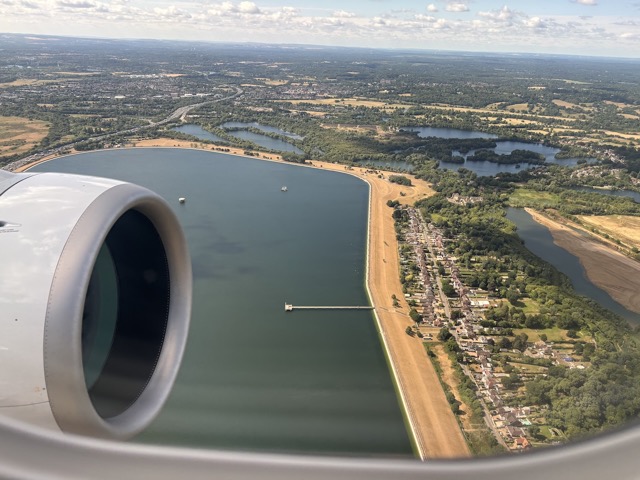 Flying over the Wraysbury Reservoir on the way out of London