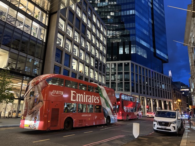 Double decker busses in the City of London