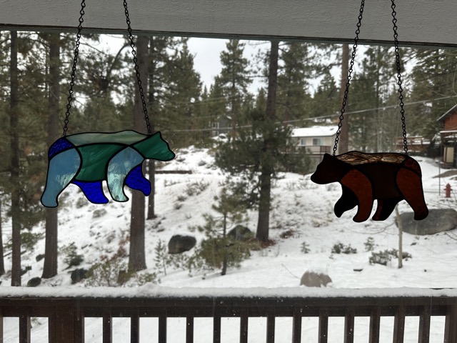 Stained glass bears that James' aunt made